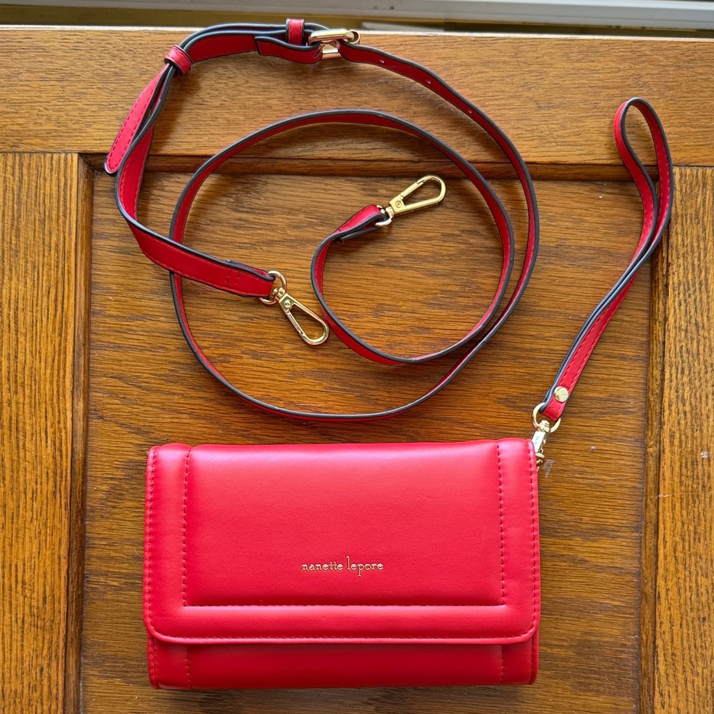 Nanette Lepore Red Crossbody Wallet with Removable Strap and Gold Hardware